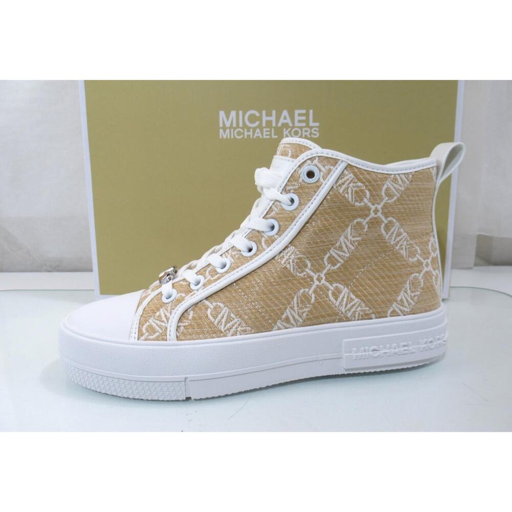 Michael Kors Evy High Top Lace Up Sneaker Empire Signature Logo Natural Size 7.5 - Picture 2 of 8